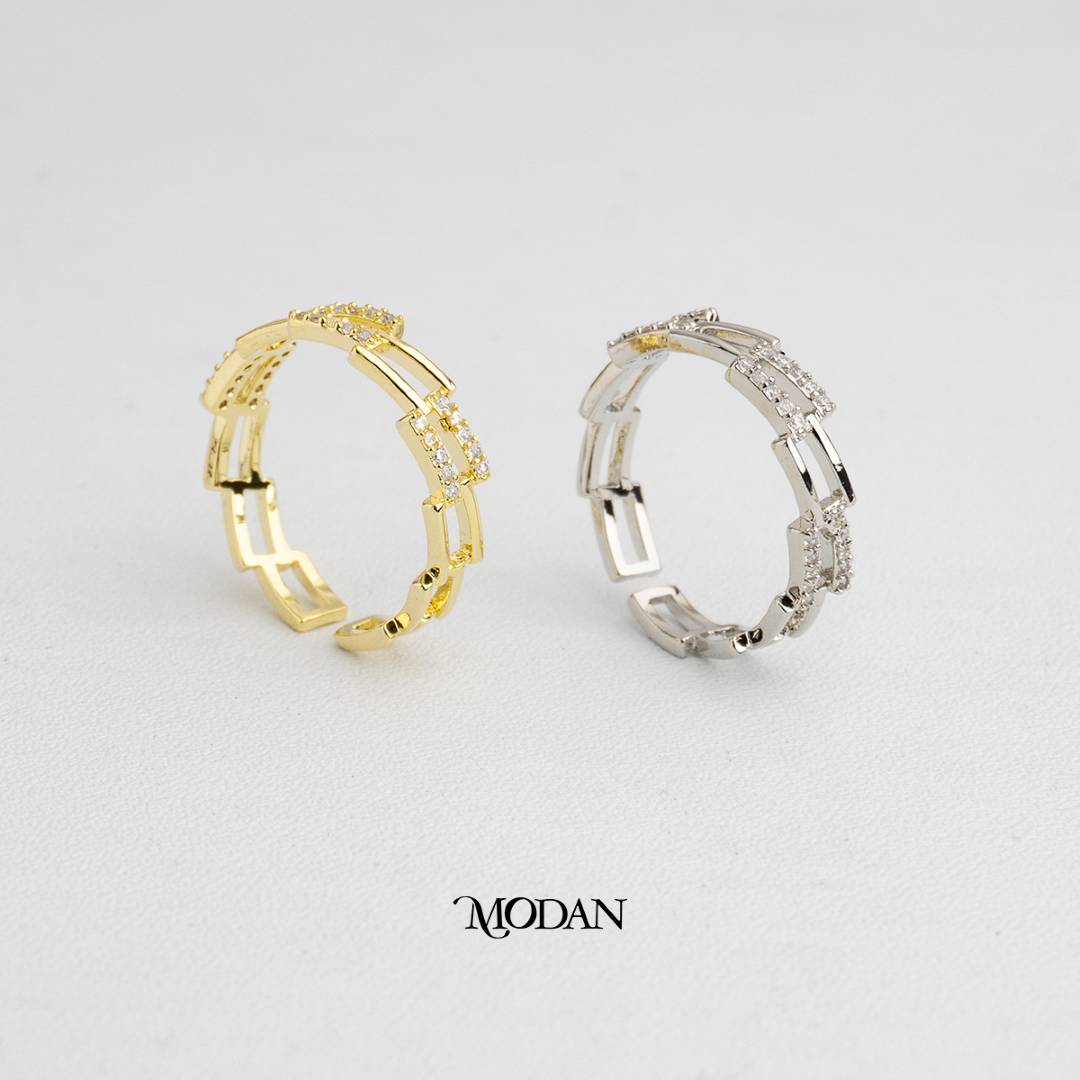 Geometric Hollow Chain Link Ring Cincin Geometris Rantai Berongga Hypoallergenic Gold Plated