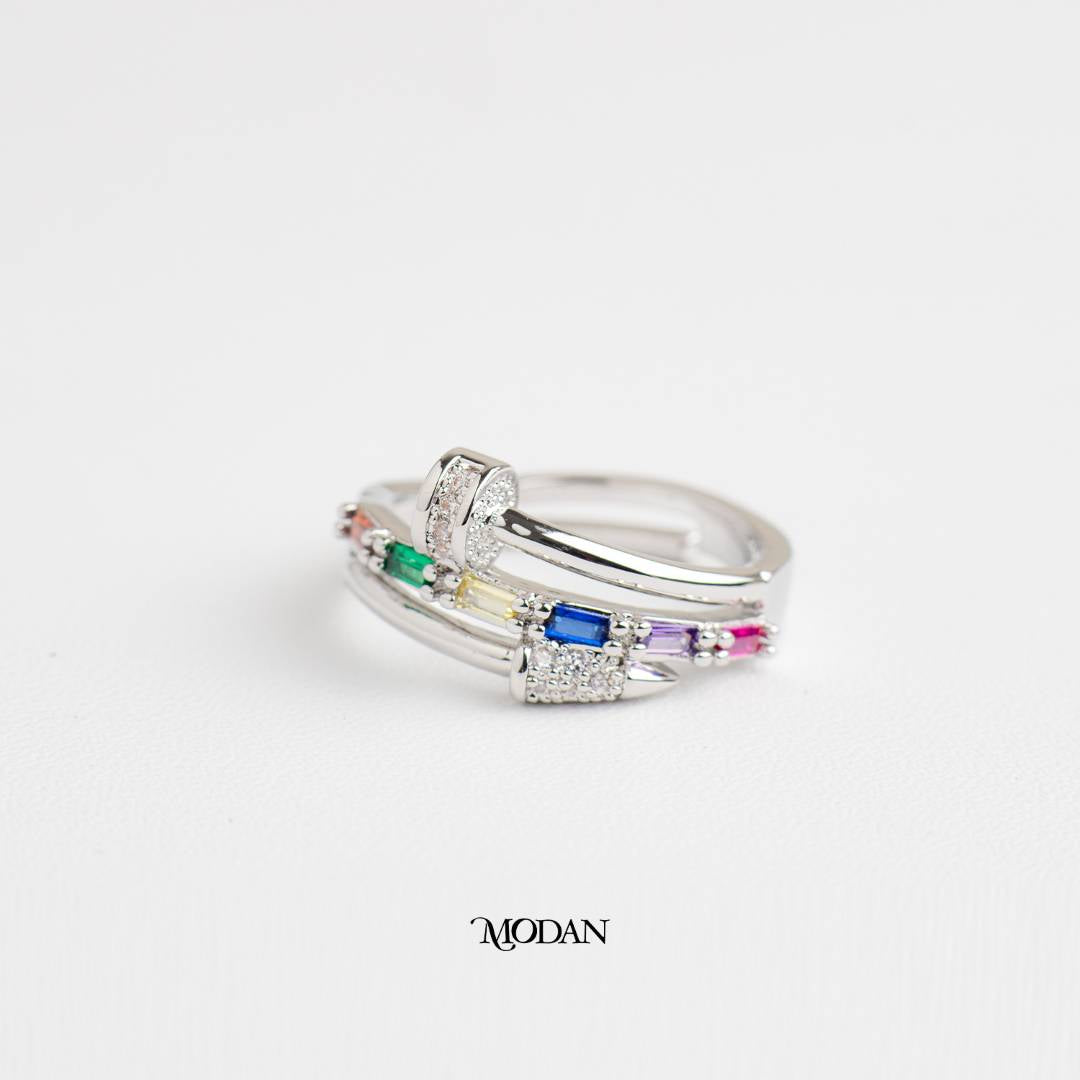 Rainbow Baguette Row Statement Adjustable Ring Cincin Warna-Warni Tumpuk Baguette Hypoallergenic Gold Plated
