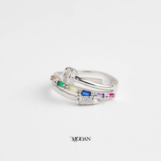 Rainbow Baguette Row Statement Adjustable Ring Cincin Warna-Warni Tumpuk Baguette Hypoallergenic Gold Plated