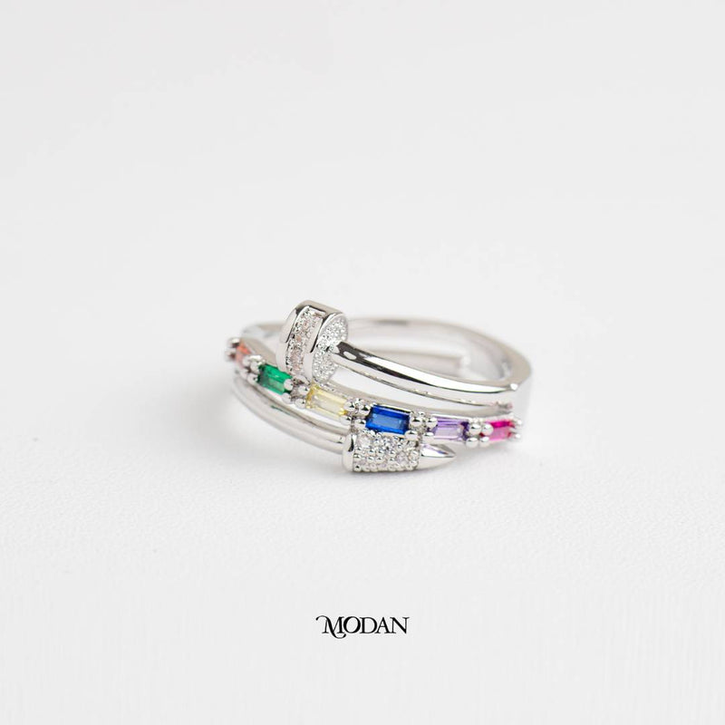 Rainbow Baguette Row Statement Adjustable Ring Cincin Warna-Warni Tumpuk Baguette Hypoallergenic Gold Plated