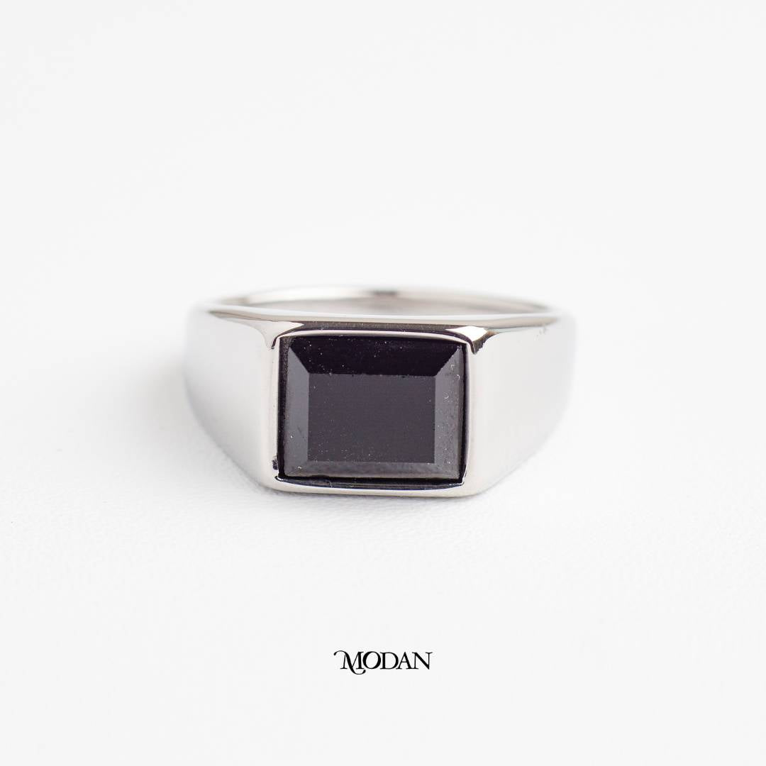 Minimalist Square Black Men's Ring Cincin Pria Kotak Hitam Hypoallergenic Stainless Steel
