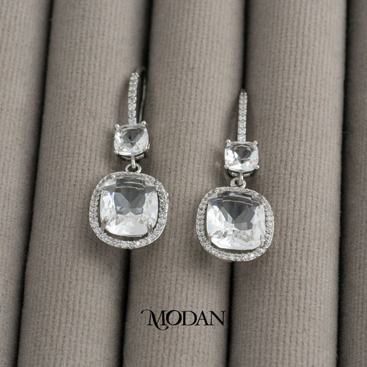 Bridal Sparkling Baguette Hook Earrings Anting Gantung Persegi Pesta Pernikahan Hypoallergenic Gold Plated