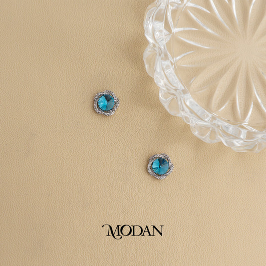 Elegant Blue Flower Silver Stud Earrings Anting Bunga Biru Gold Plated