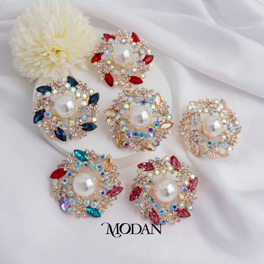 Colorful Red Tosca Purple Rhinestone with Pearl Rosegold Festive Brooch Bros Hijab Vintage Bunga Crystal Merah Biru Ungu