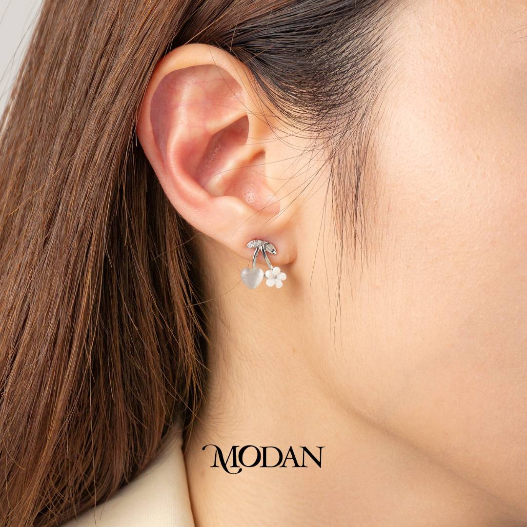 Cherry Cat Eye Heart and White Flower Acrylic Stud Earrings Anting Tusuk Buah Ceri Hati Bunga Hypoallergenic Gold Filled