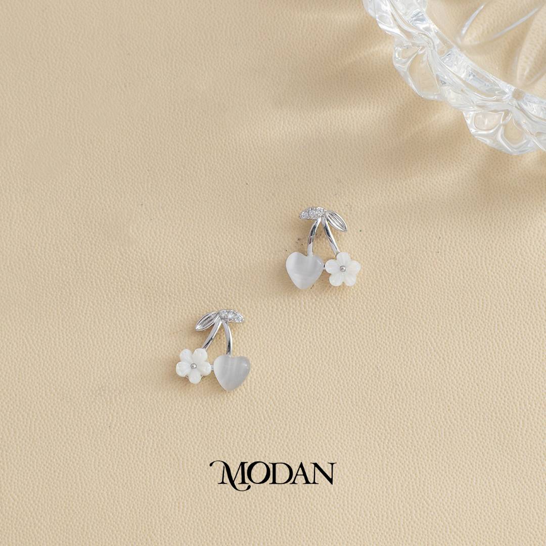 Cherry Cat Eye Heart and White Flower Acrylic Stud Earrings Anting Tusuk Buah Ceri Hati Bunga Hypoallergenic Gold Filled