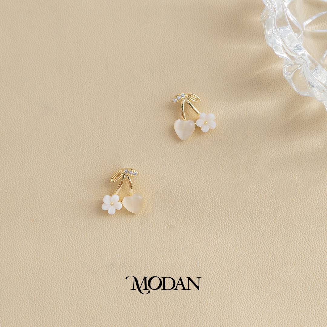 Cherry Cat Eye Heart and White Flower Acrylic Stud Earrings Anting Tusuk Buah Ceri Hati Bunga Hypoallergenic Gold Filled