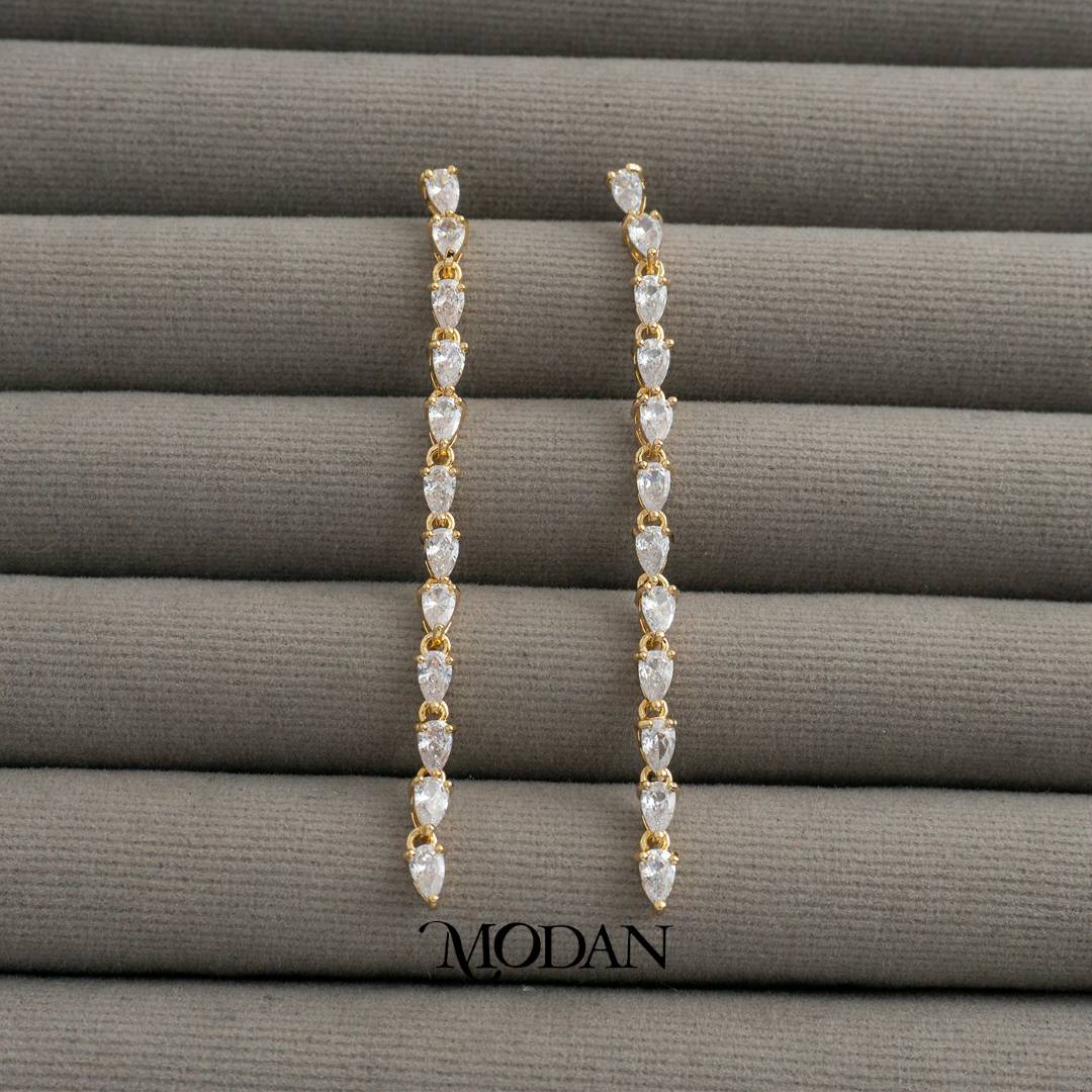 Sparkling Teardrop Long Drop Earrings Anting Gantung Pesta Hypoallergenic Gold Plated
