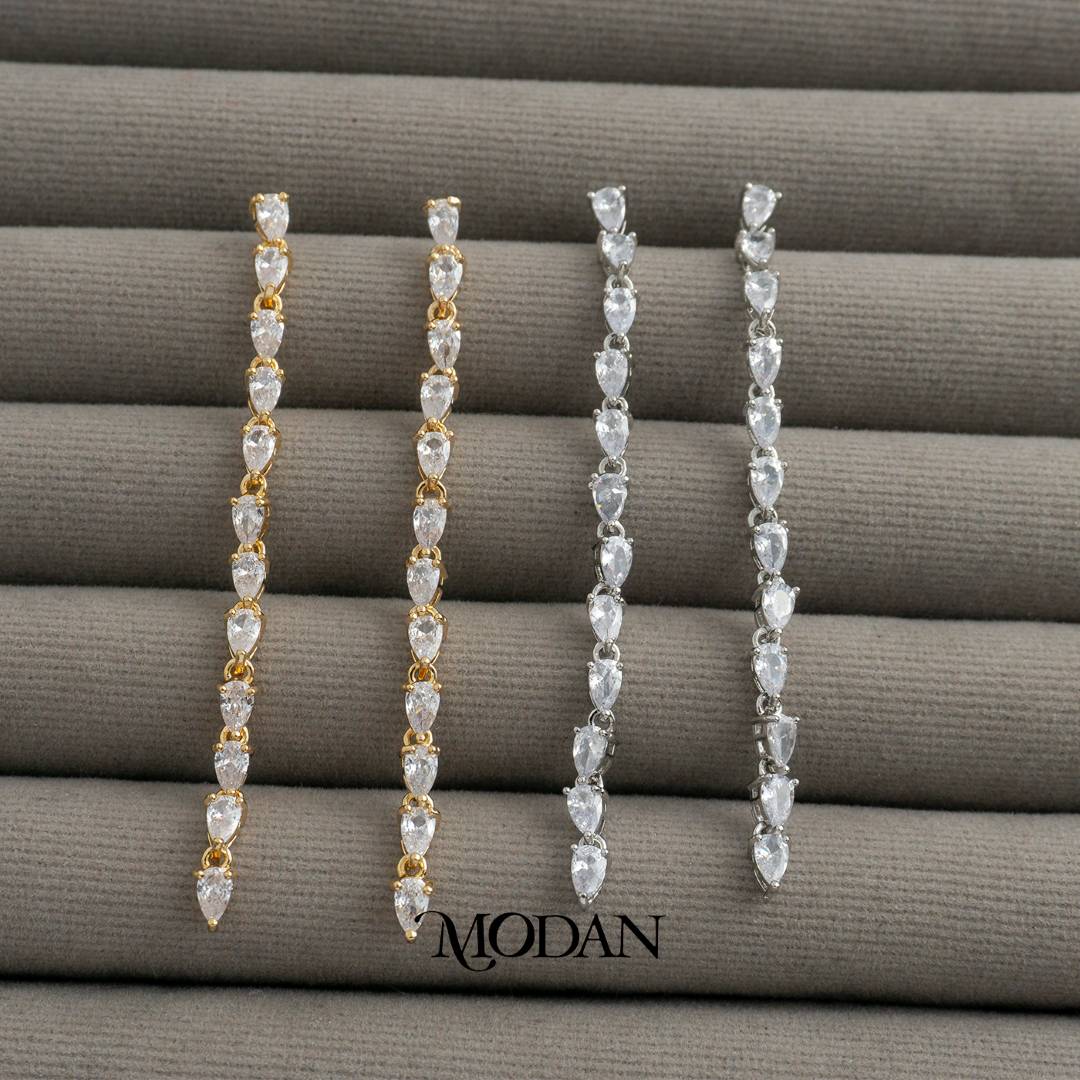 Sparkling Teardrop Long Drop Earrings Anting Gantung Pesta Hypoallergenic Gold Plated