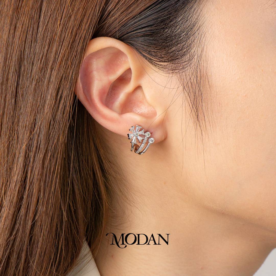 Flower Baguette Triple Layer Claw Stud Earrings Anting Bunga Hypoallergenic Gold Filled