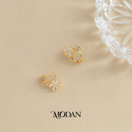 Flower Baguette Triple Layer Claw Stud Earrings Anting Bunga Hypoallergenic Gold Filled