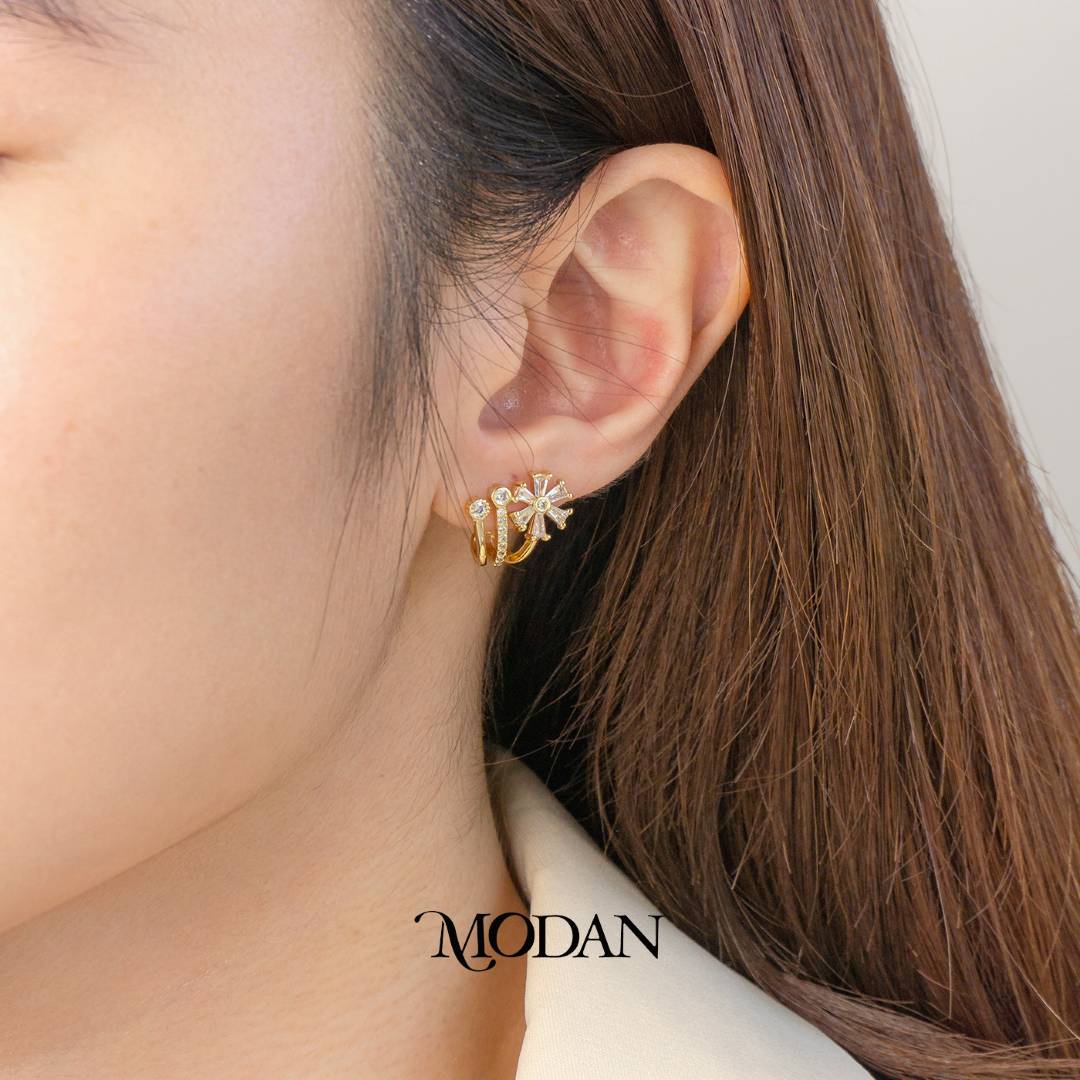 Flower Baguette Triple Layer Claw Stud Earrings Anting Bunga Hypoallergenic Gold Filled