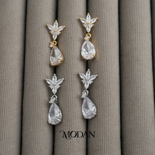 Bridal Sparkling Leaf and Teardrop Drop Earrings Anting Gantung Daun Tetes Air Mata Pesta Hypoallergenic Gold Plated