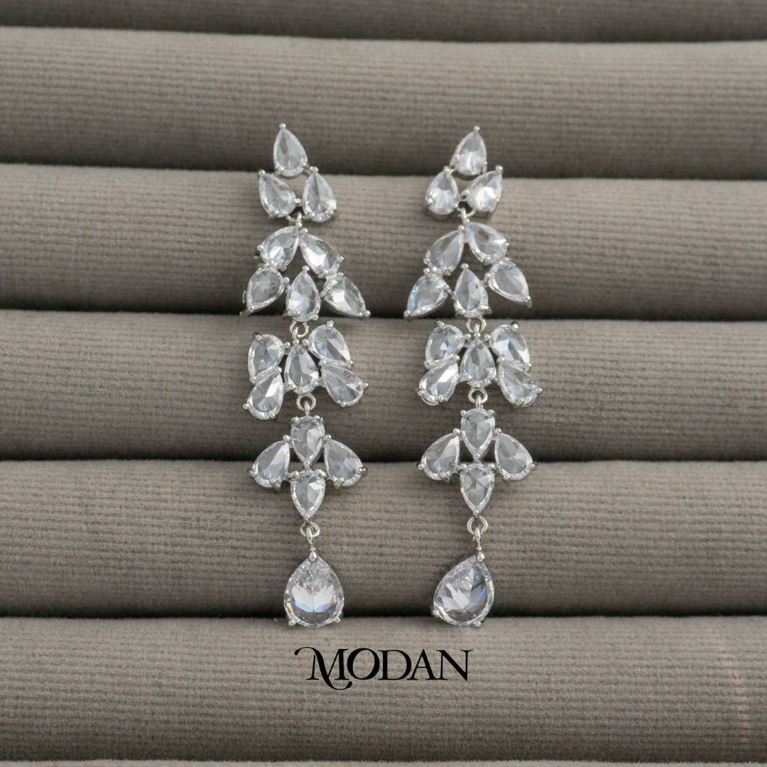 Sparkling Cluster Teardrop Long Drop Earrings Anting Gantung Tetes Air Mata Pesta Hypoallergenic Gold Plated