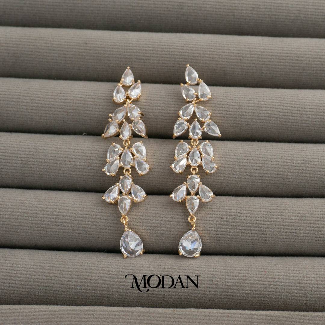 Sparkling Cluster Teardrop Long Drop Earrings Anting Gantung Tetes Air Mata Pesta Hypoallergenic Gold Plated
