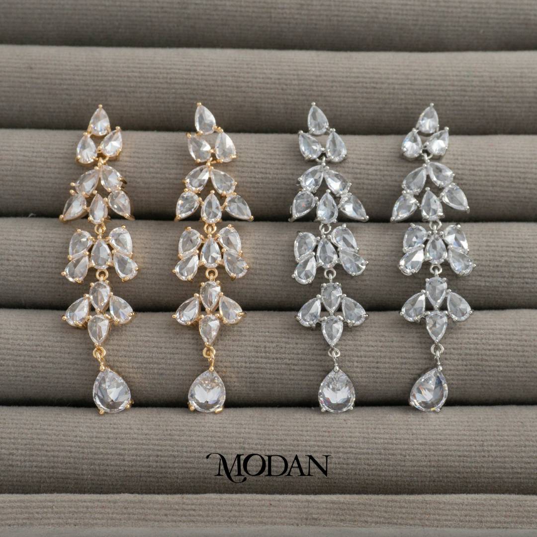 Sparkling Cluster Teardrop Long Drop Earrings Anting Gantung Tetes Air Mata Pesta Hypoallergenic Gold Plated