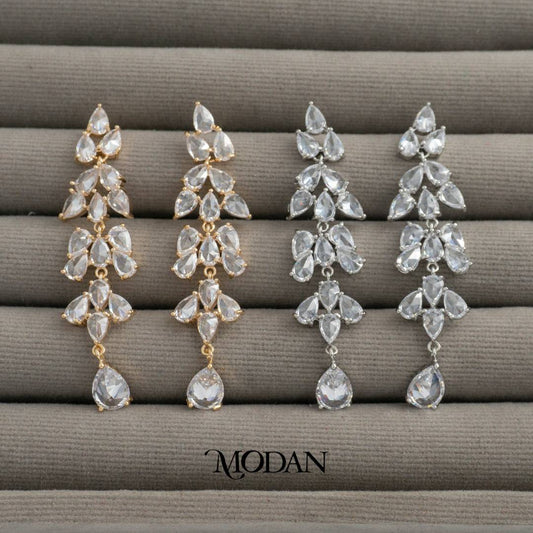 Sparkling Cluster Teardrop Long Drop Earrings Anting Gantung Tetes Air Mata Pesta Hypoallergenic Gold Plated