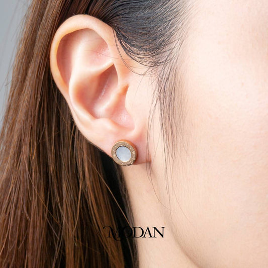 Rosegold Roman Numerals Mother of Pearl Stud Earrings Anting Bulat Romawi Stainless Steel