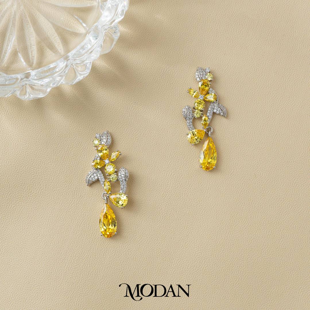Yellow Flower Leaf Cocktail Party Drop Earrings Anting Tusuk Pesta Panjang Bunga Kuning Hypoallergenic Gold Plated