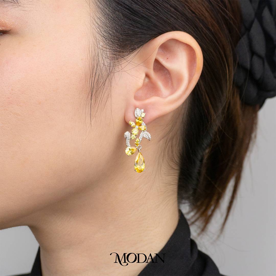 Yellow Flower Leaf Cocktail Party Drop Earrings Anting Tusuk Pesta Panjang Bunga Kuning Hypoallergenic Gold Plated