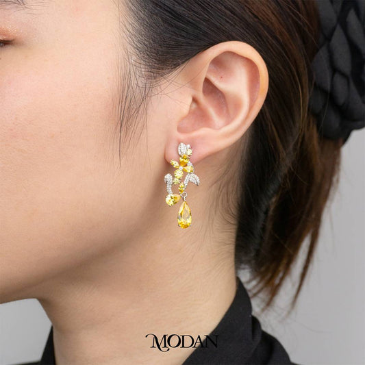 Yellow Flower Leaf Cocktail Party Drop Earrings Anting Tusuk Pesta Panjang Bunga Kuning Hypoallergenic Gold Plated
