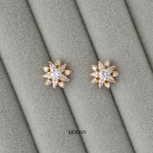 (13mm) Sparkling Rosegold Flower Zirconia Stud Earrings Anting Tusuk Bunga Hypoallergenic Gold Plated