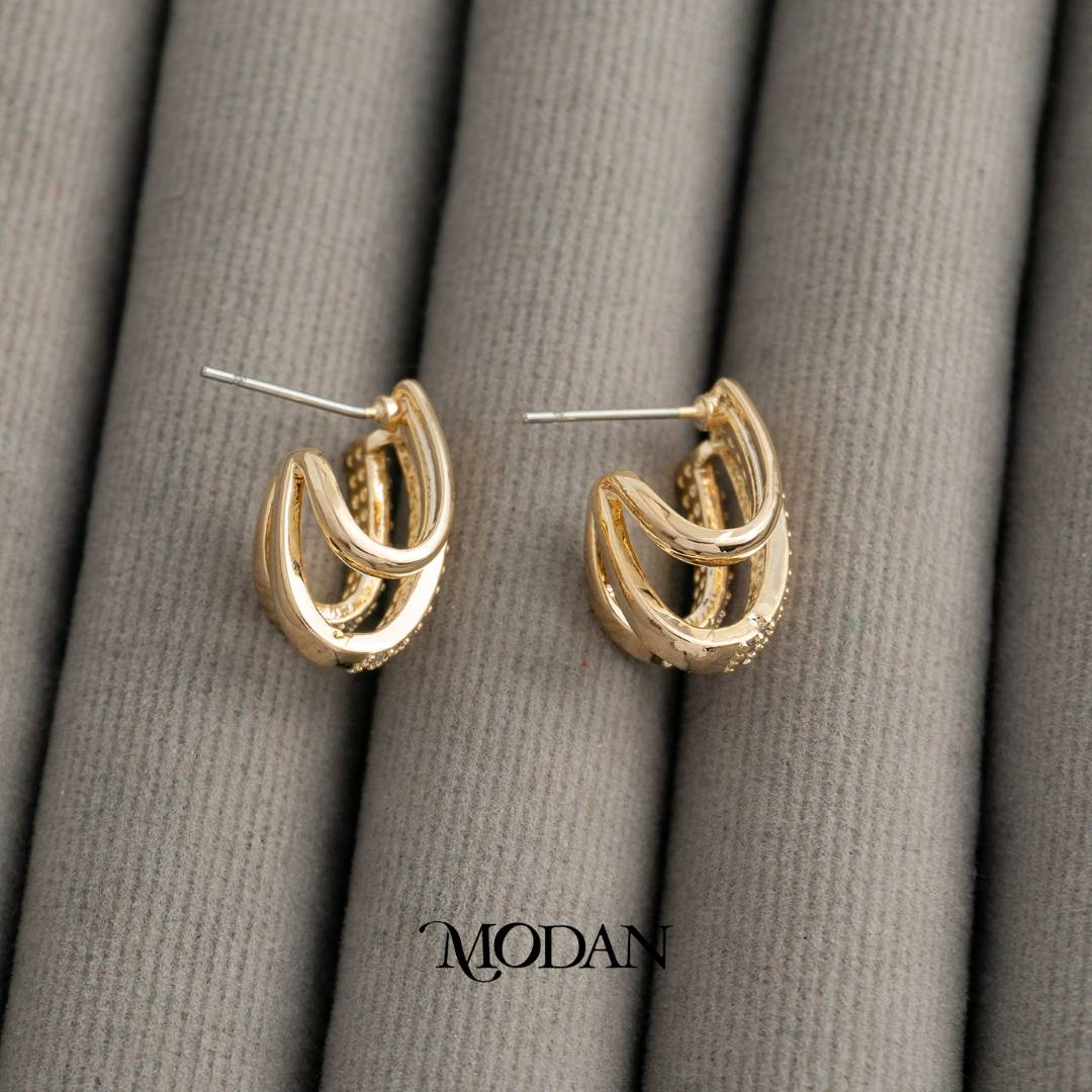 Triple Rows Zirconia Earcuff Anting Earcuff Tusuk Hypoallergenic Gold Plated