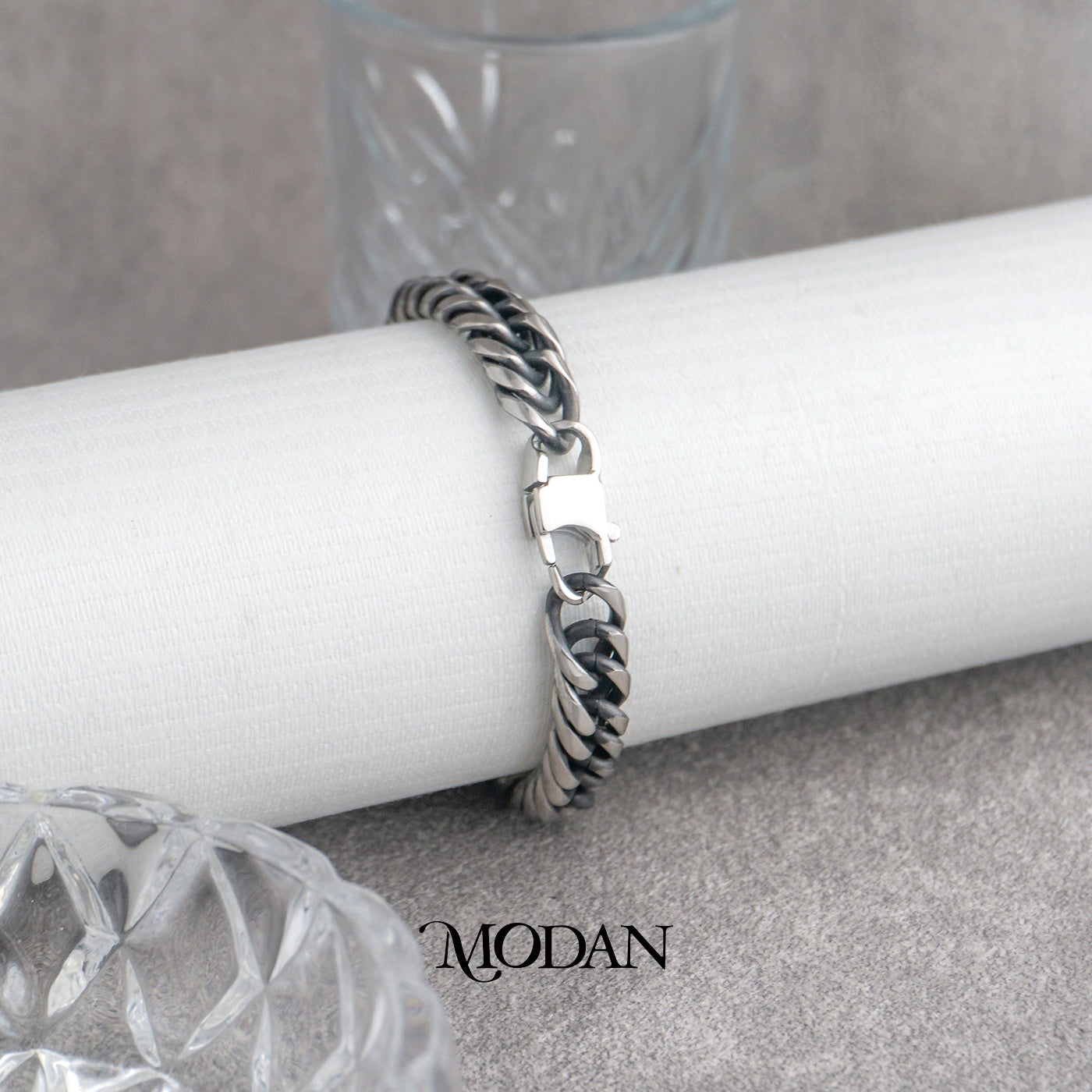 (21.5cm) Titanium Antique Statement Miami Cuban Chain Men’s Bracelet Gelang Rantai Pria Hypoallergenic Stainless Steel