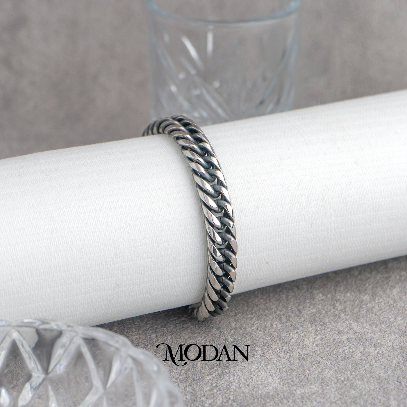 (21.5cm) Titanium Antique Statement Miami Cuban Chain Men’s Bracelet Gelang Rantai Pria Hypoallergenic Stainless Steel