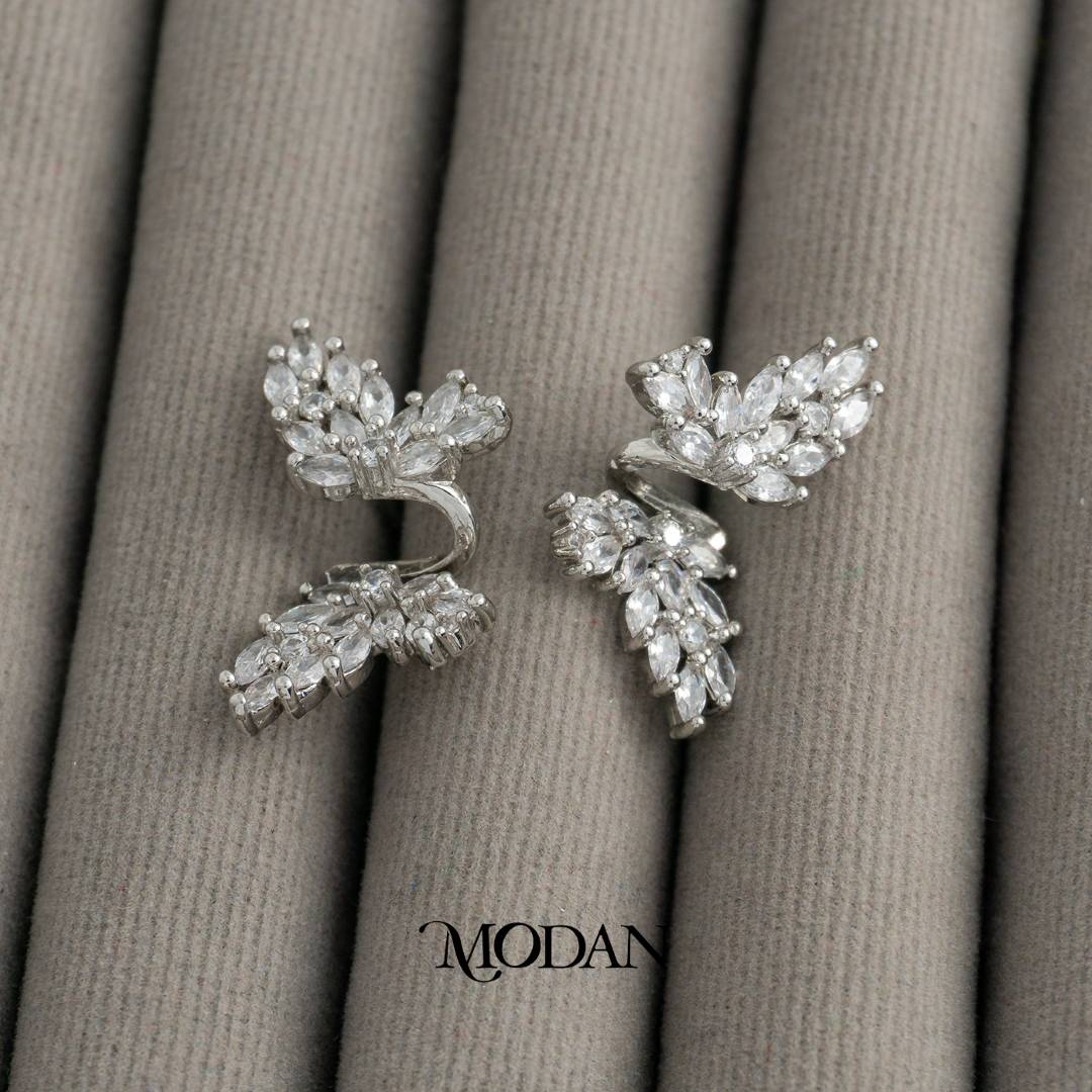 Cluster Leaf Marquise Zirconia Earcuff Anting Earcuff Tusuk Daun Pesta Hypoallergenic Gold Plated