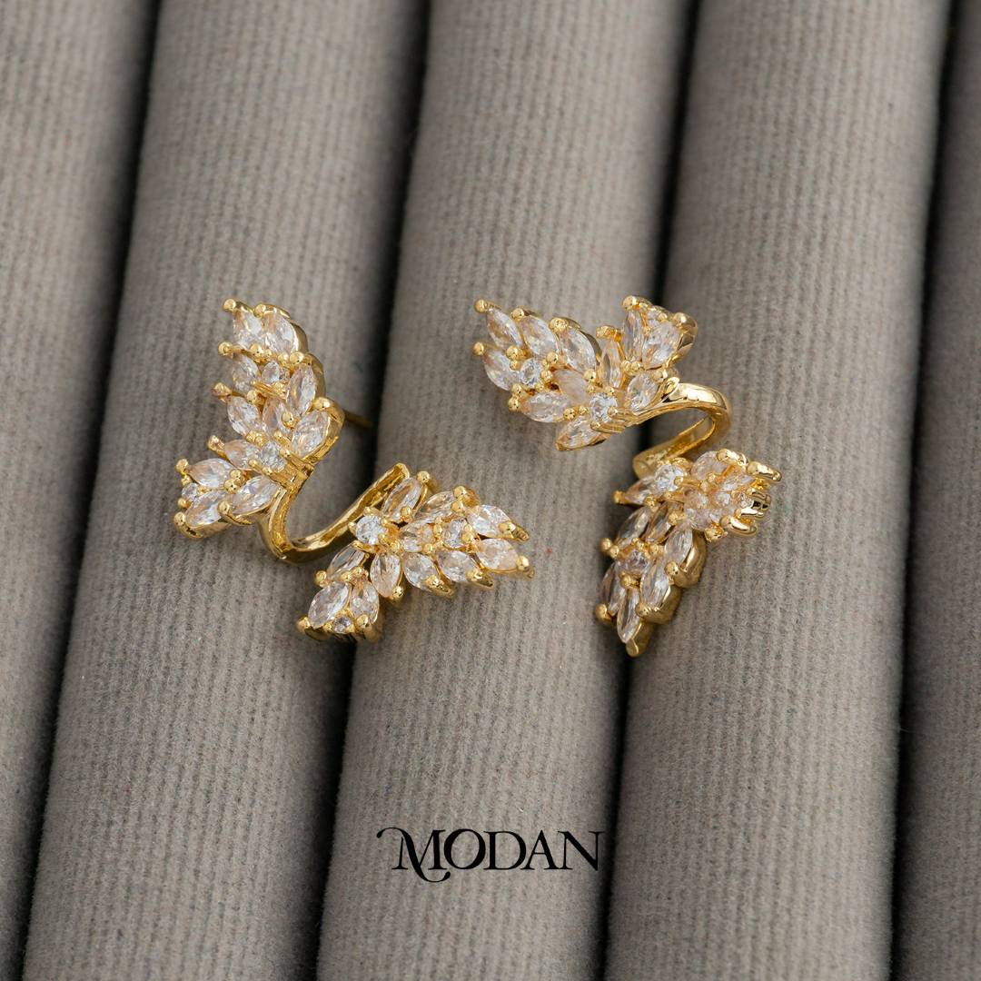Cluster Leaf Marquise Zirconia Earcuff Anting Earcuff Tusuk Daun Pesta Hypoallergenic Gold Plated