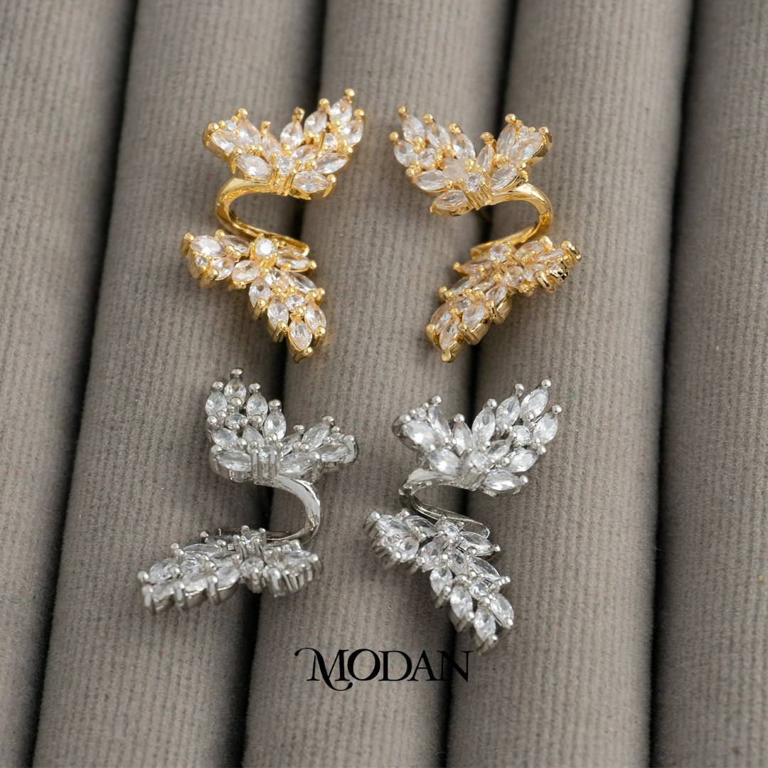 Cluster Leaf Marquise Zirconia Earcuff Anting Earcuff Tusuk Daun Pesta Hypoallergenic Gold Plated