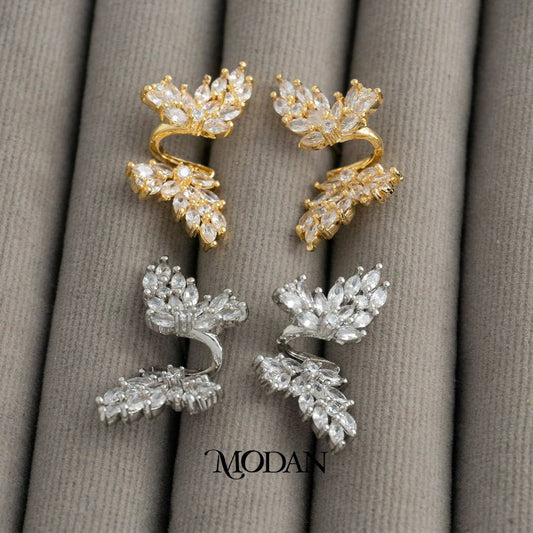 Cluster Leaf Marquise Zirconia Earcuff Anting Earcuff Tusuk Daun Pesta Hypoallergenic Gold Plated