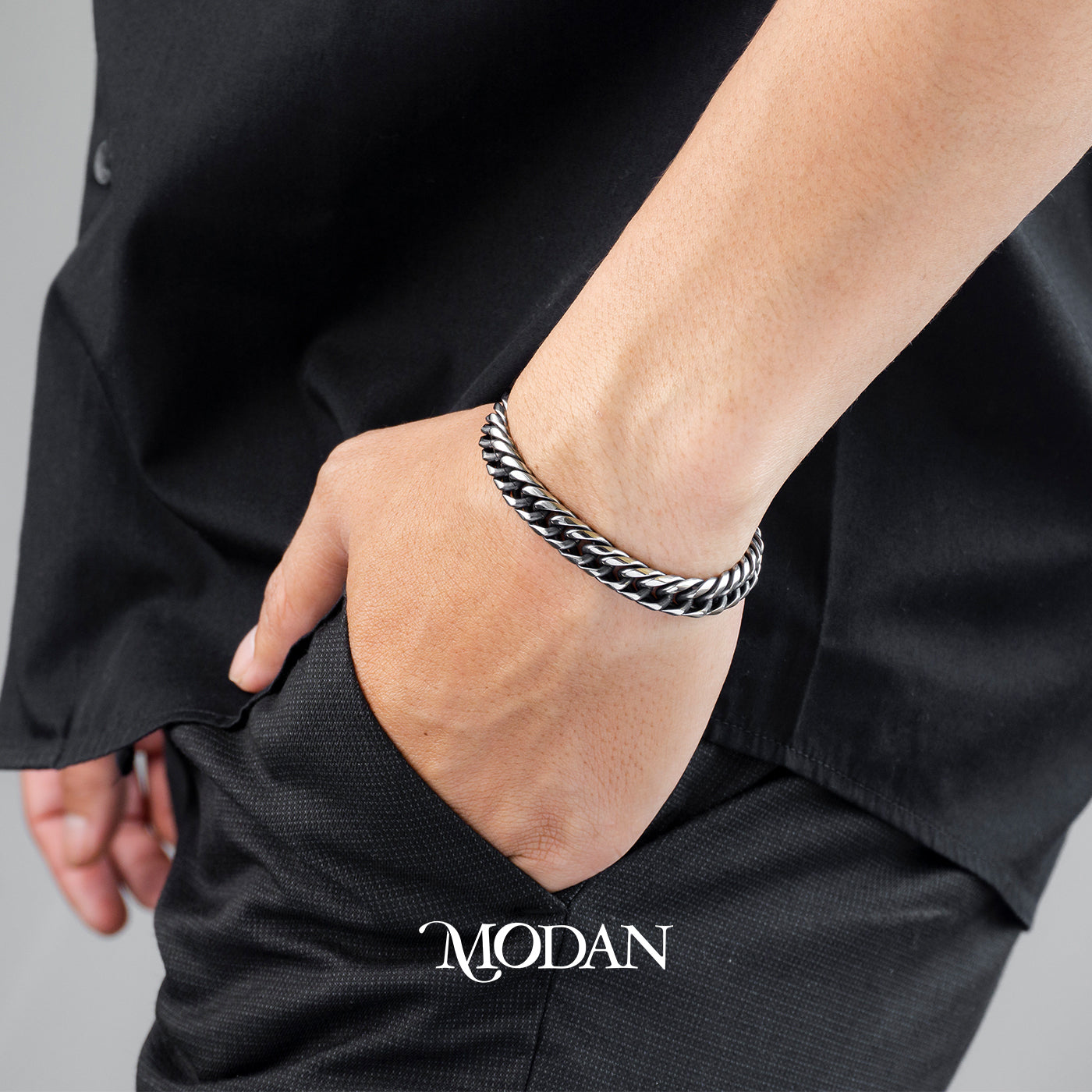 (21.5cm) Titanium Antique Statement Miami Cuban Chain Men’s Bracelet Gelang Rantai Pria Hypoallergenic Stainless Steel