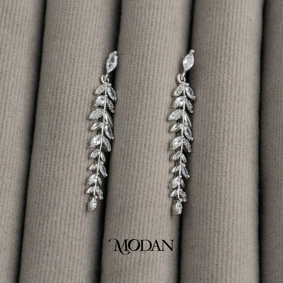(40mm) Bridal Sparkling Leaf Long Drop Earrings Anting Gantung Daun Pesta Hypoallergenic Gold Plated