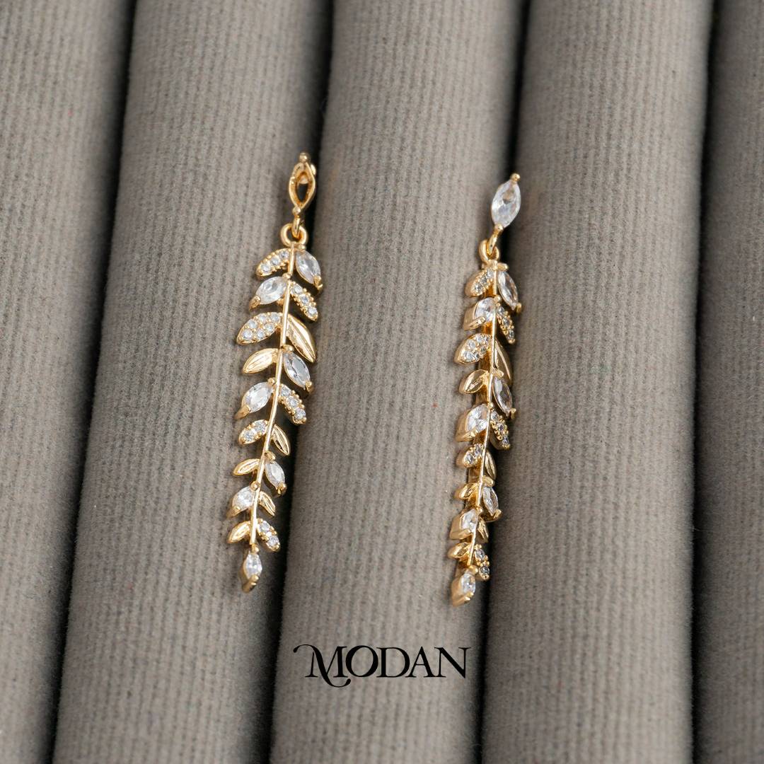 (40mm) Bridal Sparkling Leaf Long Drop Earrings Anting Gantung Daun Pesta Hypoallergenic Gold Plated