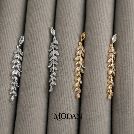 (40mm) Bridal Sparkling Leaf Long Drop Earrings Anting Gantung Daun Pesta Hypoallergenic Gold Plated