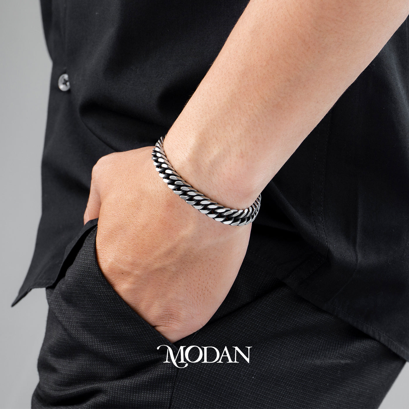 (21cm) (8mm) Titanium Antique Statement Miami Cuban Chain Men’s Bracelet Gelang Rantai Pria Hypoallergenic Stainless Steel