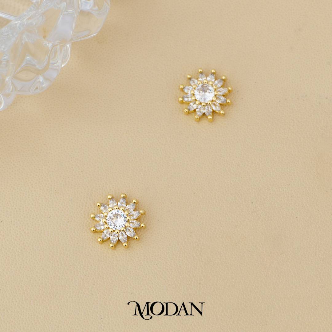 Sparkling Emerald Green & Clear Sunflower Stud Earrings Anting Tusuk Bunga Matahari Hypoallergenic Gold Plated