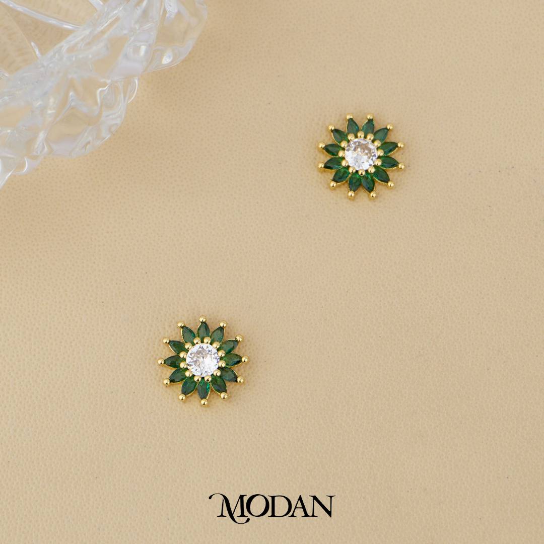 Sparkling Emerald Green & Clear Sunflower Stud Earrings Anting Tusuk Bunga Matahari Hypoallergenic Gold Plated