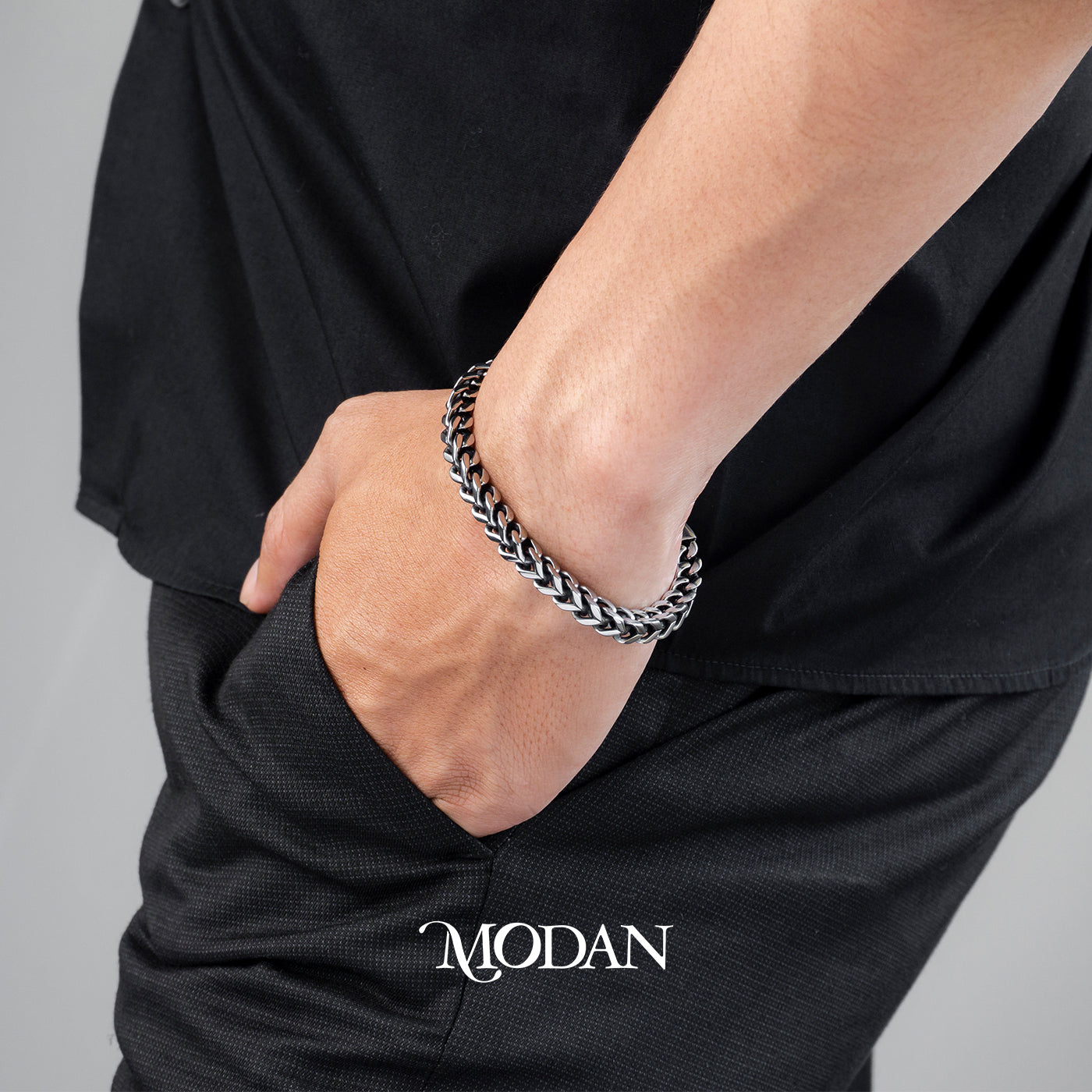 (18.5cm) Titanium Square Foxtail Chain Men’s Bracelet Gelang Rantai Pria Hypoallergenic Stainless Steel