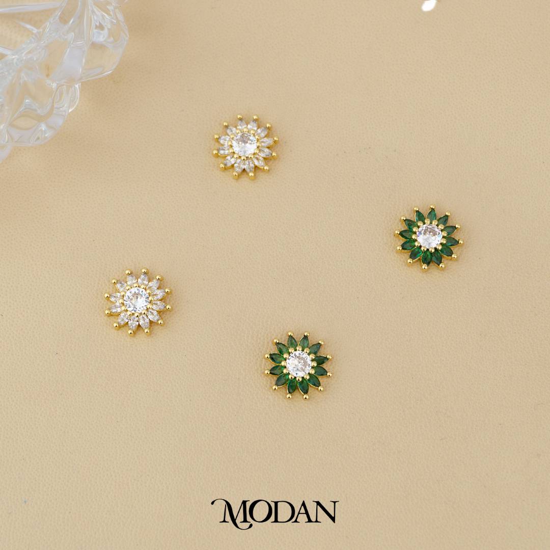 Sparkling Emerald Green & Clear Sunflower Stud Earrings Anting Tusuk Bunga Matahari Hypoallergenic Gold Plated