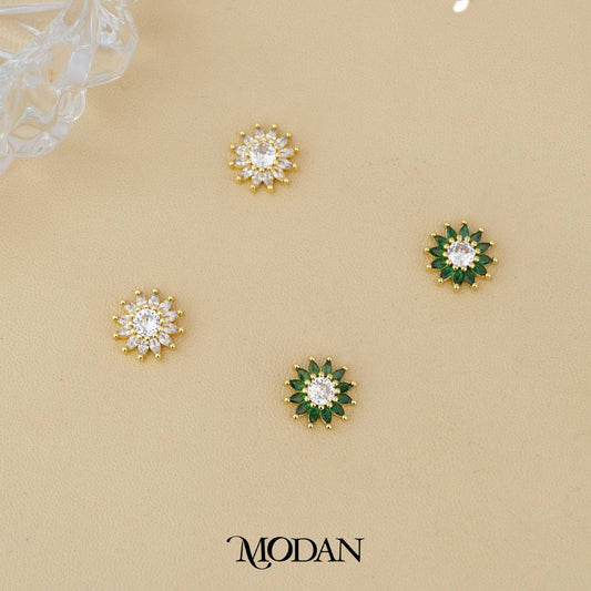 Sparkling Emerald Green & Clear Sunflower Stud Earrings Anting Tusuk Bunga Matahari Hypoallergenic Gold Plated