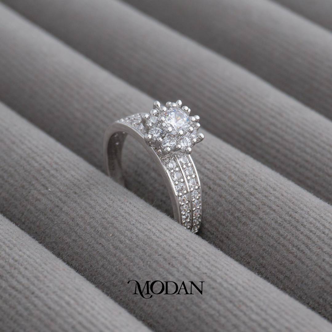 Micro Pave Wide Band Floral Cluster Ring Cincin Klaster Bunga Tangkai Lebar Hypoallergenic Gold Plated