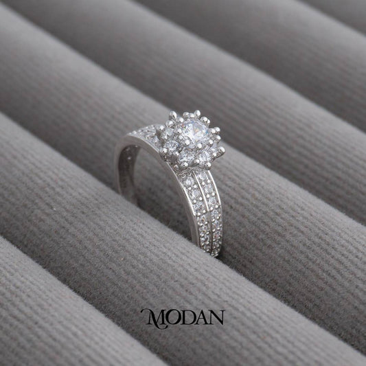 Micro Pave Wide Band Floral Cluster Ring Cincin Klaster Bunga Tangkai Lebar Hypoallergenic Gold Plated