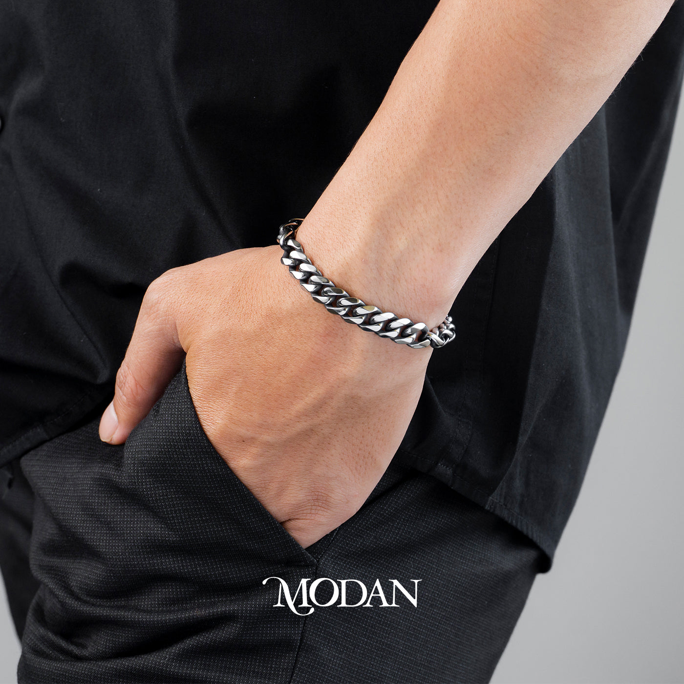(20cm) Titanium Antique Miami Cuban Chain Men’s Bracelet Gelang Rantai Pria Hypoallergenic Stainless Steel
