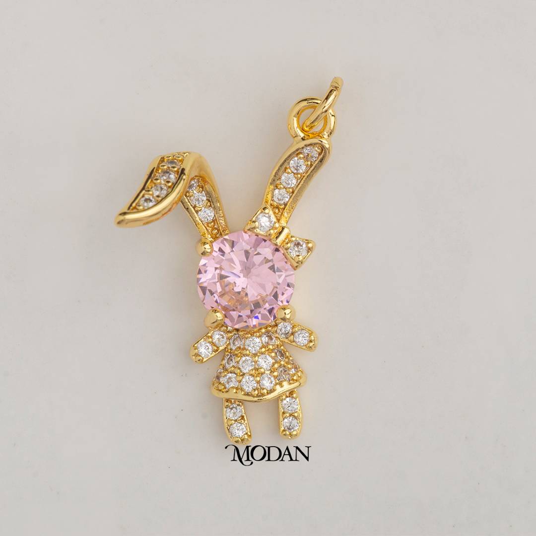 Clear Pink Round Rabbit Animal DIY Charm Liontin Kelinci Hypoallergenic Gold Plated