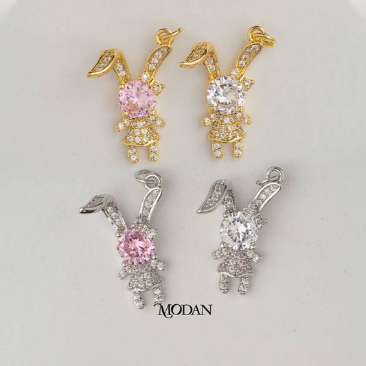Clear Pink Round Rabbit Animal DIY Charm Liontin Kelinci Hypoallergenic Gold Plated