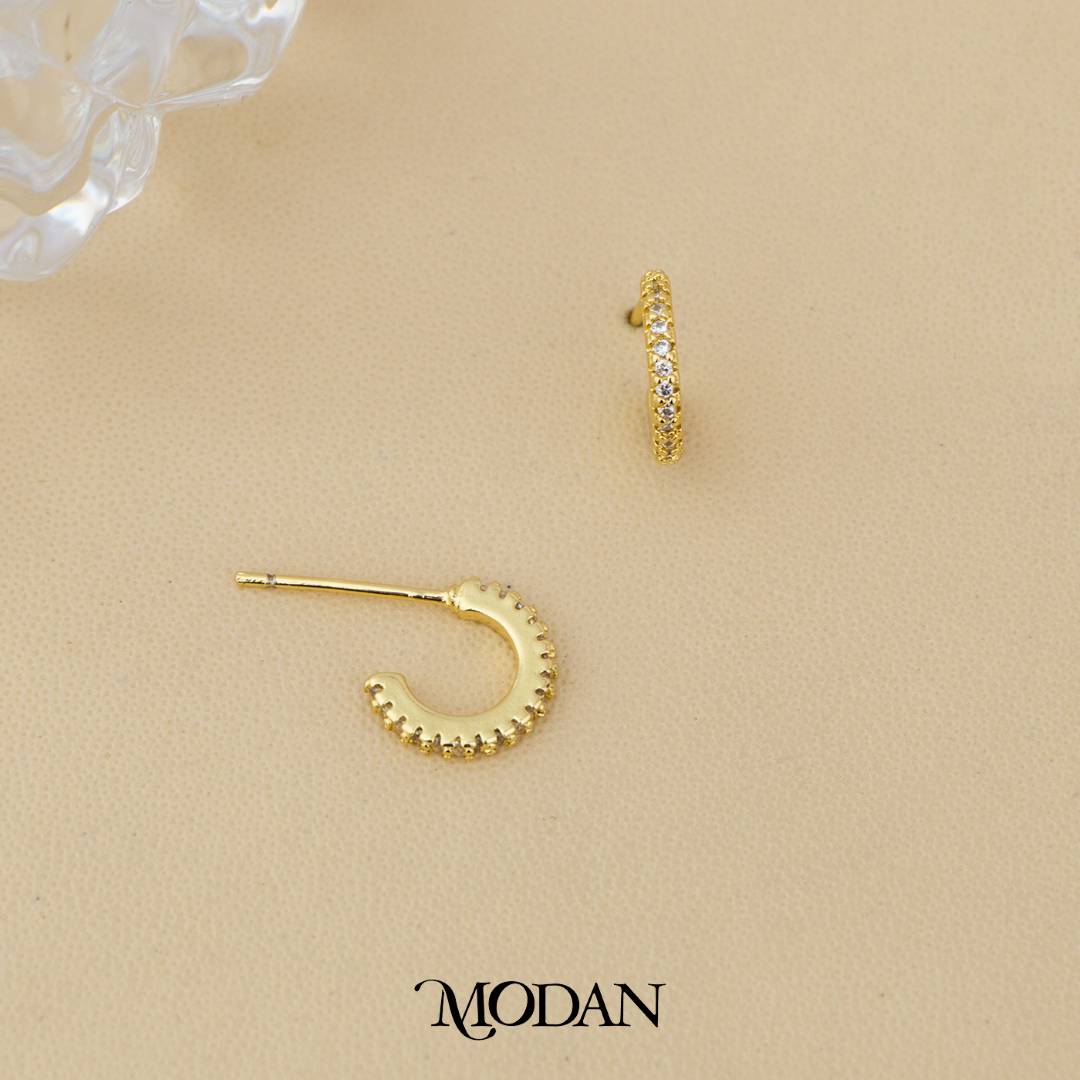 (10mm) Mini Micro Pave C Hoop Earrings Anting Bentuk C Kecil Hypoallergenic Gold Plated