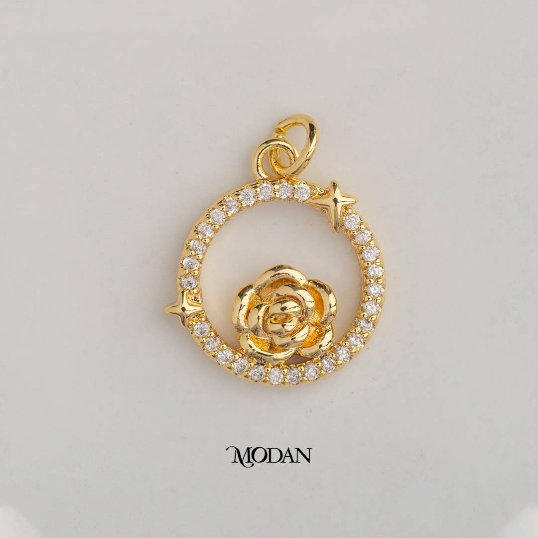Rose Flower Star Round DIY Charm Liontin Bunga Mawar Hypoallergenic Gold Plated